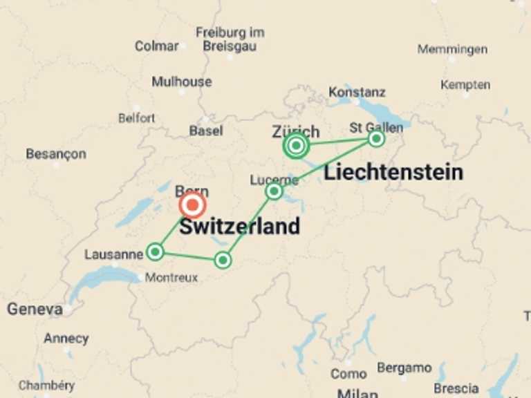Map of a Art and architecture Tour with 6 destination visits for the trip: Best of Switzerland
