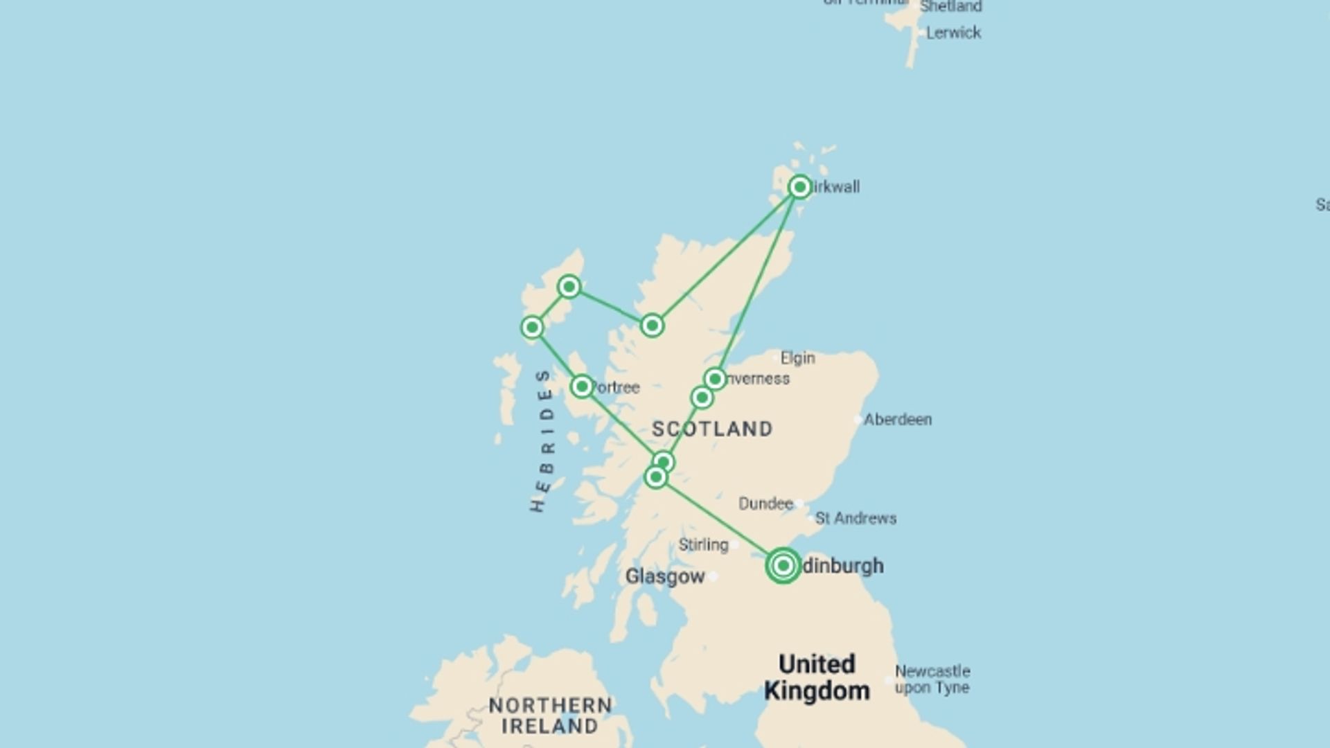 A map showing the tour itinerary for the trip: Scotland's Far North - 10 days, starting in Edinburgh, Scotland and ending in Edinburgh, Scotland going through 5 other destinations.
