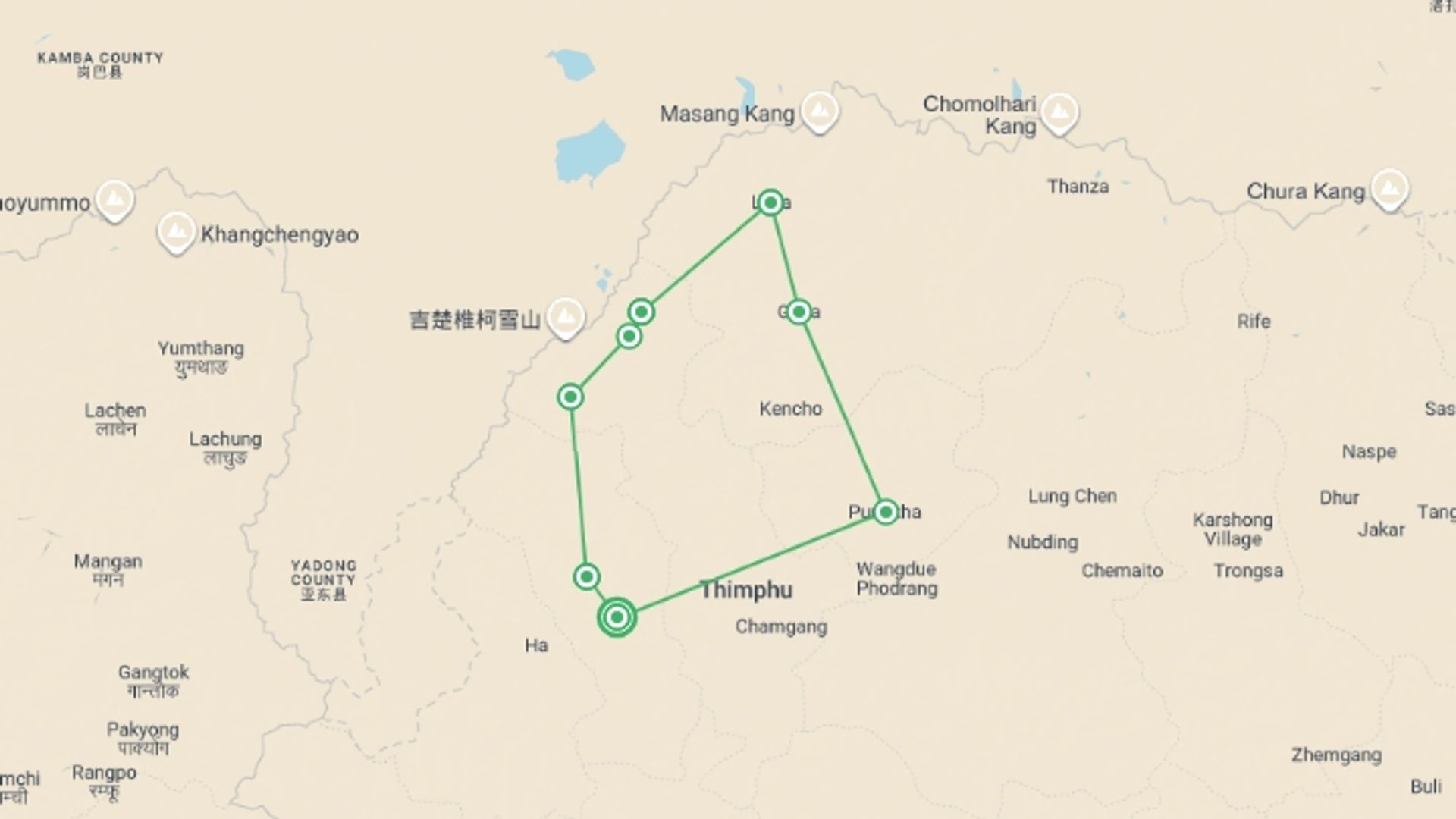 A map showing the tour itinerary for the trip: Bhutan High Trails via Laya, starting in Paro, Bhutan and ending in Paro, Bhutan going through 7 other destinations.