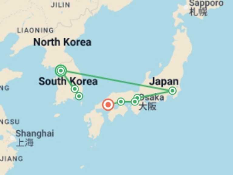 Map of Asia Tour with 8 destination visits for the trip: Wonders of Korea and Japan with Hiroshima