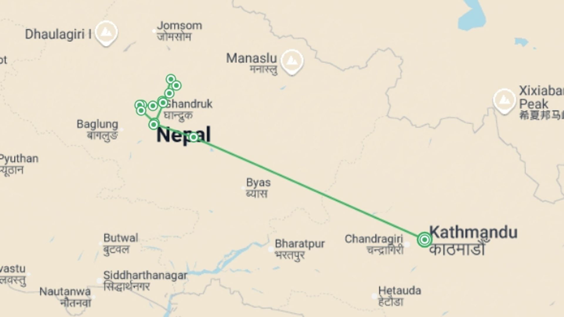 A map showing the tour itinerary for the trip: Annapurna Base Camp Trek 12D/11N (from Kathmandu), starting in Kathmandu, Nepal and ending in Kathmandu, Nepal going through 9 other destinations.