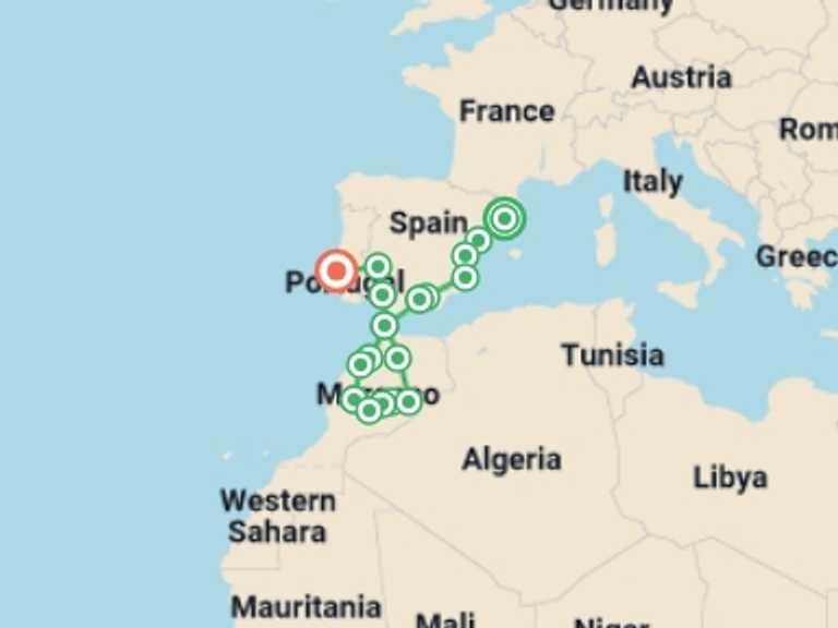 Map itinerary of Mediterranean Tour in October 2026 with 12 destination visits for the trip: Spain, Morocco and Portugal end Lisbon
