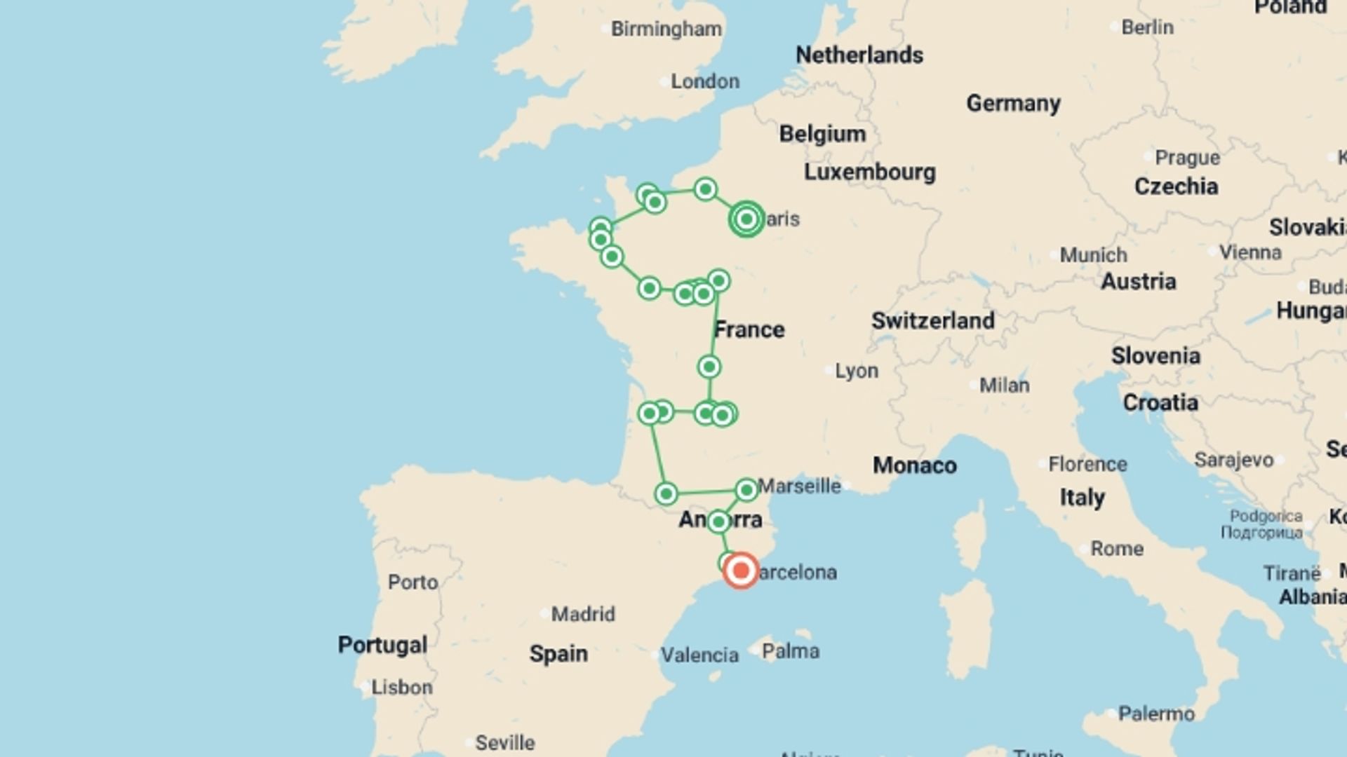 A map showing the tour itinerary for the trip: Lovely France with Barcelona, starting in Paris, France and ending in Barcelona, Spain going through 8 other destinations.