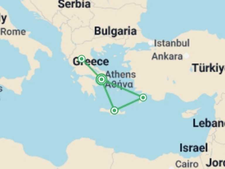 Map itinerary of Rhodes Tour in Spring with 4 destination visits for the trip: Rhodes, Crete, and Continental Greece