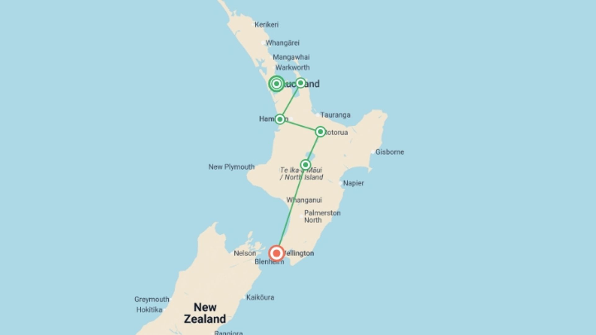 A map showing the tour itinerary for the trip: New Zealand Northern Trail (Southbound), starting in Auckland, New Zealand and ending in Wellington, New Zealand going through 4 other destinations.