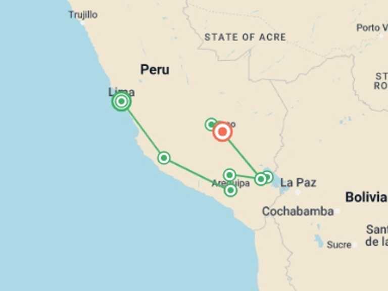 Map of Lima Active and outdoor Tour with 9 destination visits for the trip: Simply Peru