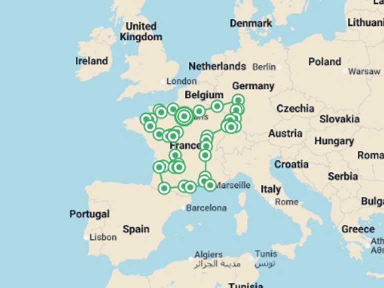 Map itinerary of France Tour in May 2026 with 14 destination visits for the trip: French passion and the Black Forest