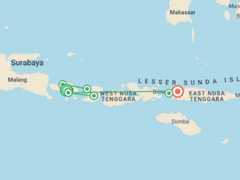 Map itinerary of Indonesia Tour in June 2026 with 8 destination visits for the trip: Epic Indonesia 19 Day