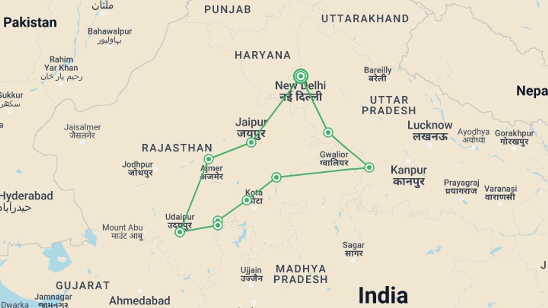 A map showing the tour itinerary for the trip: Cycle Rajasthan, starting in New Delhi, India and ending in New Delhi, India going through 9 other destinations.