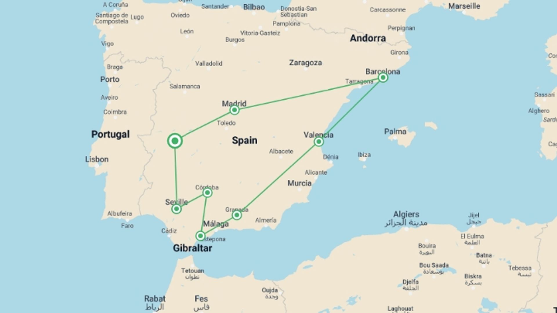 A map showing the tour itinerary for the trip: 9 Day Guided Tour Andalusia And Mediterranean Coast From Lisbon, starting in Extremadura, Spain and ending in Extremadura, Spain going through 7 other destinations.