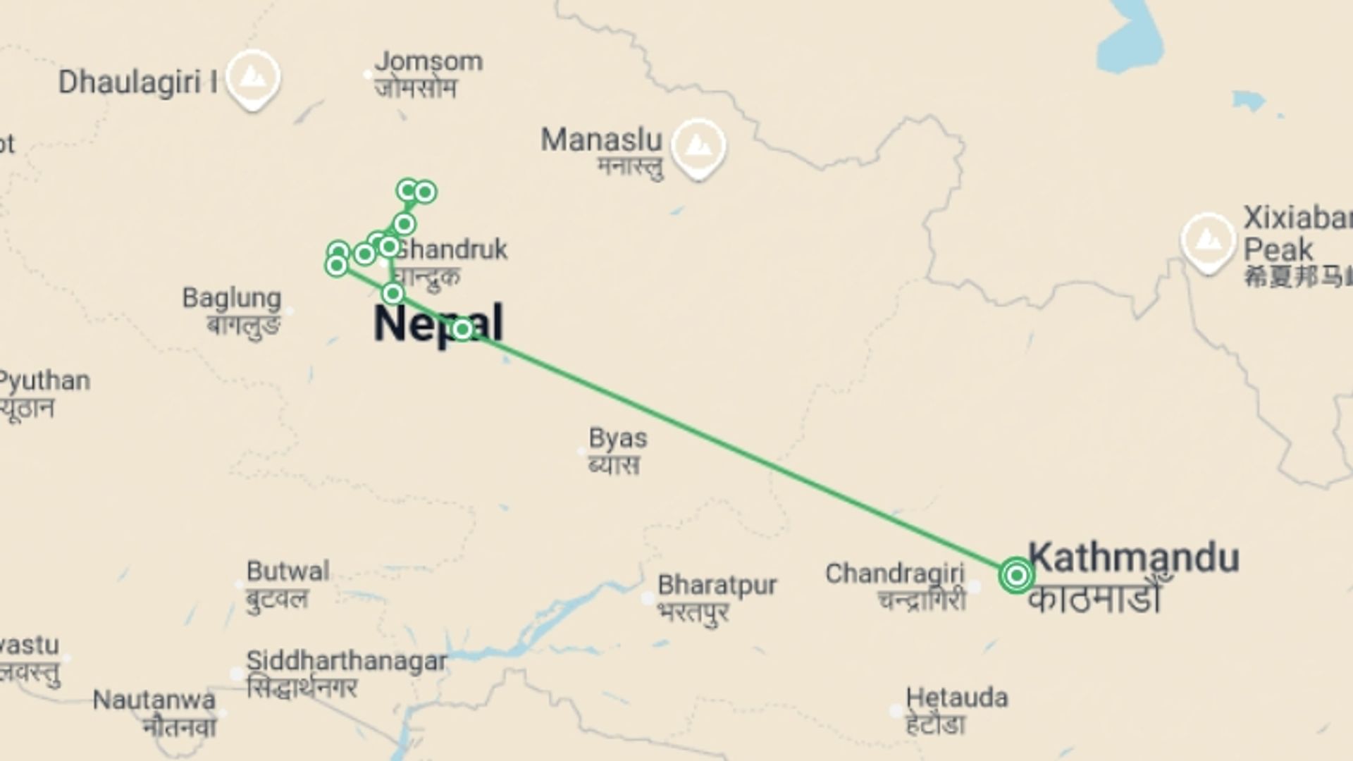 A map showing the tour itinerary for the trip: Annapurna Base Camp Trek, starting in Kathmandu, Nepal and ending in Kathmandu, Nepal going through 12 other destinations.