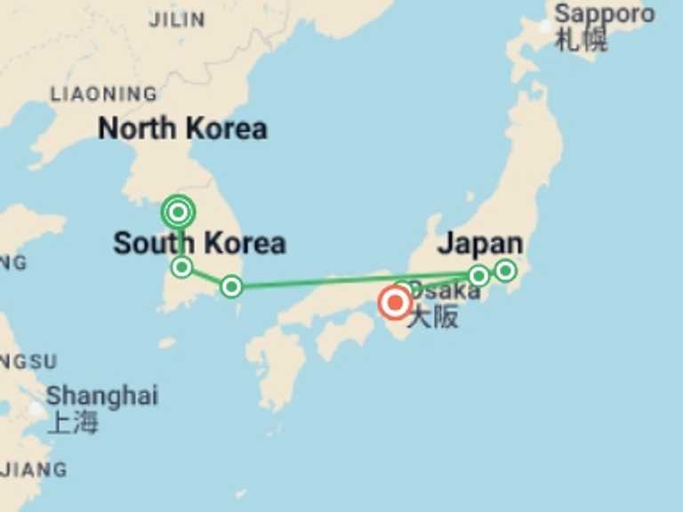 Map of Asia Tour with 7 destination visits for the trip: Shining Korea and Essential Japan
