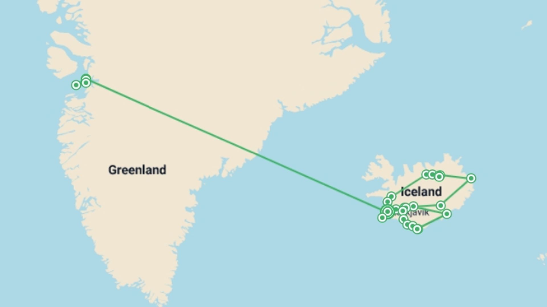 A map showing the tour itinerary for the trip: Best of Iceland & Greenland - 15 days, starting in Reykjavik, Iceland and ending in Reykjavik, Iceland going through 6 other destinations.