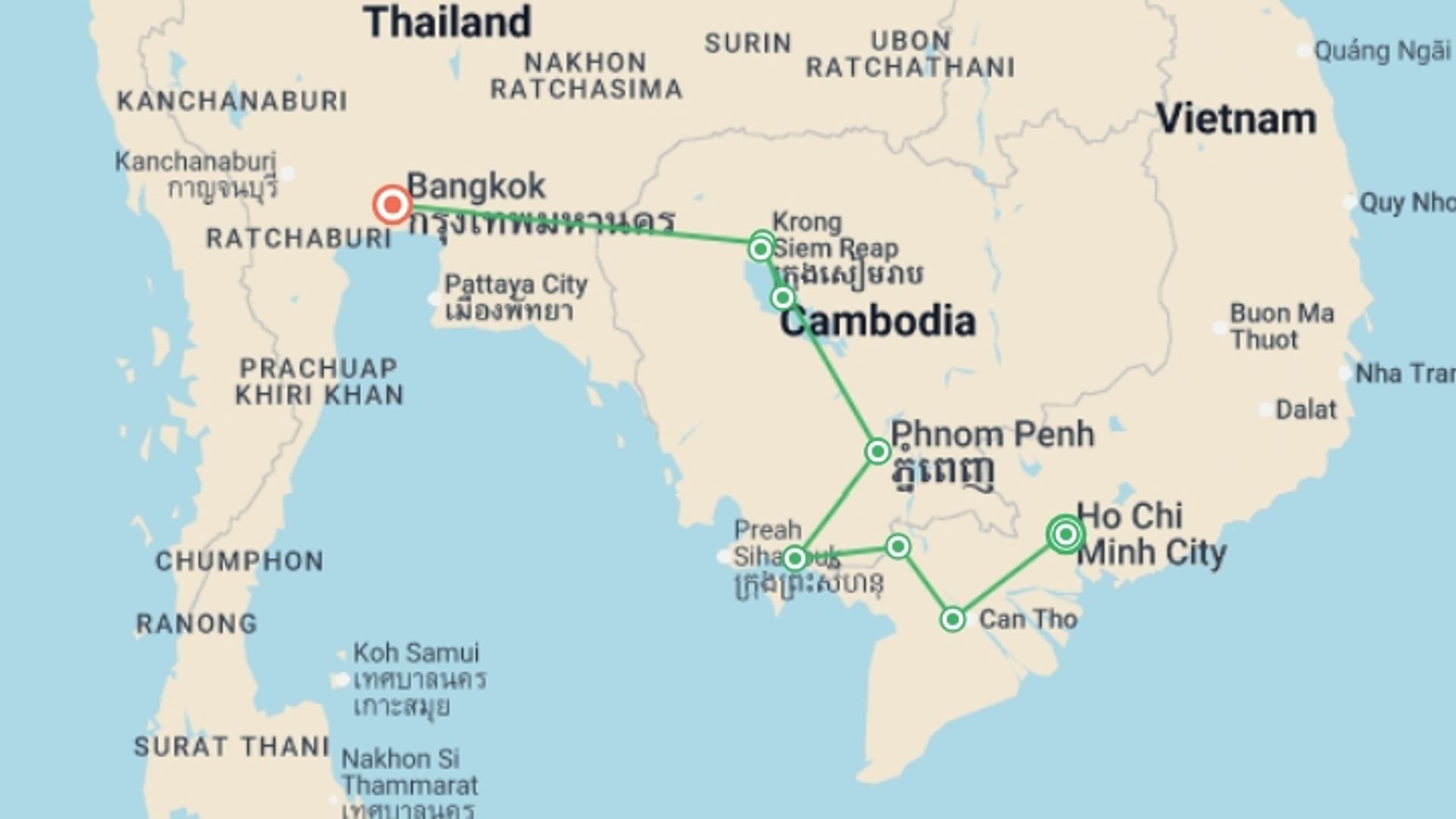 A map showing the tour itinerary for the trip: Thai Indochina Explorer, starting in Ho Chi Minh City, Vietnam and ending in Bangkok, Thailand going through 6 other destinations.