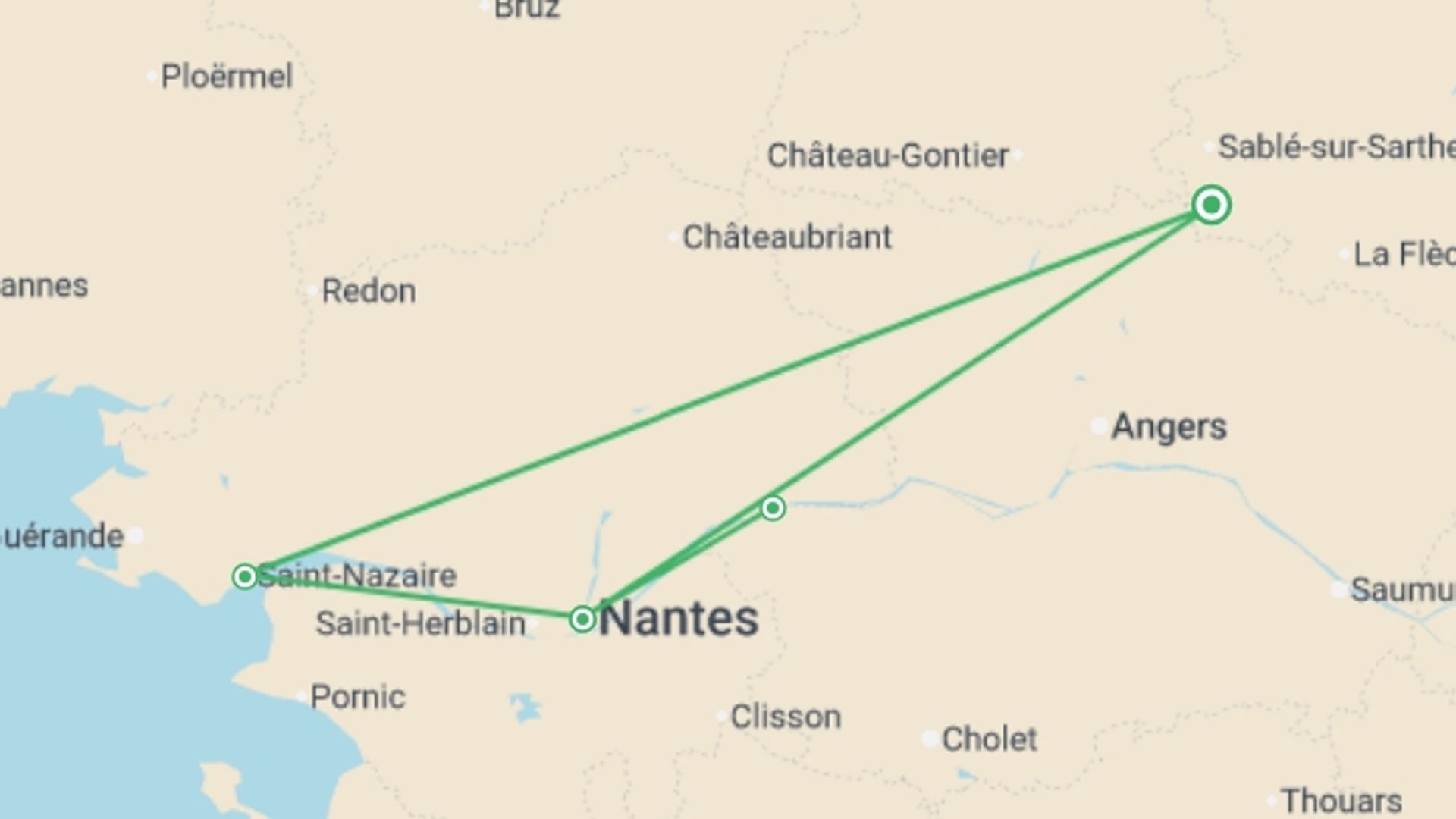 A map showing the tour itinerary for the trip: The Loire Valley, a Royal legacy (port-to-port cruise), starting in Pays de la Loire, France and ending in Pays de la Loire, France going through 5 other destinations.