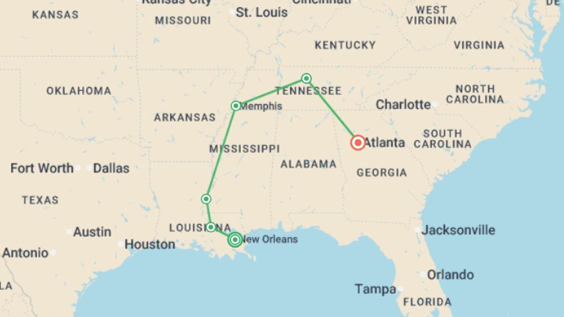 A map showing the tour itinerary for the trip: Sounds of the South New Orleans to Atlanta - 8 days, starting in New Orleans, USA and ending in Atlanta, USA going through 3 other destinations.
