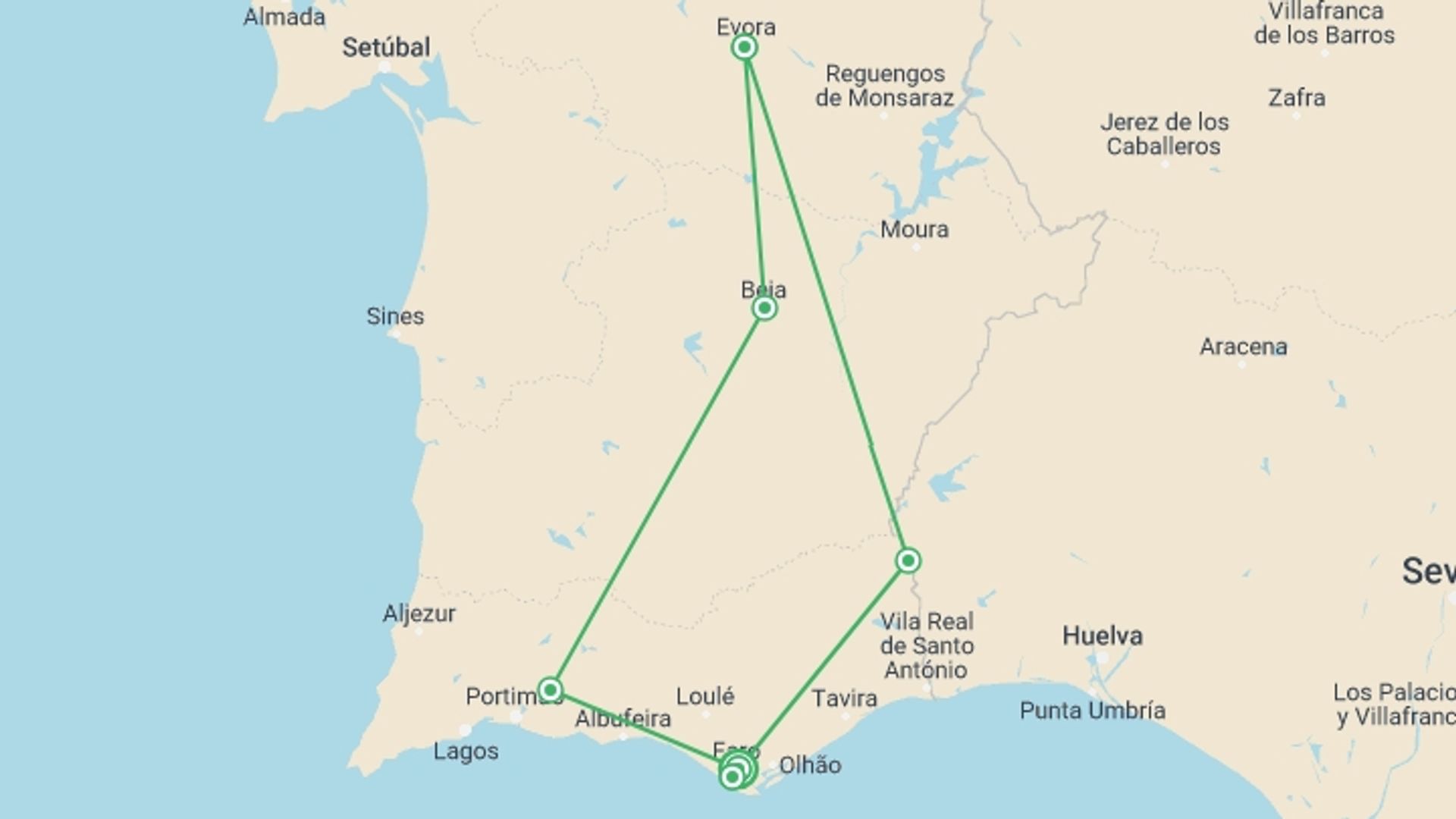 A map showing the tour itinerary for the trip: Hidden Secrets Of Algarve & Alentejo, Self-drive, starting in Faro, Portugal and ending in Faro, Portugal going through 4 other destinations.