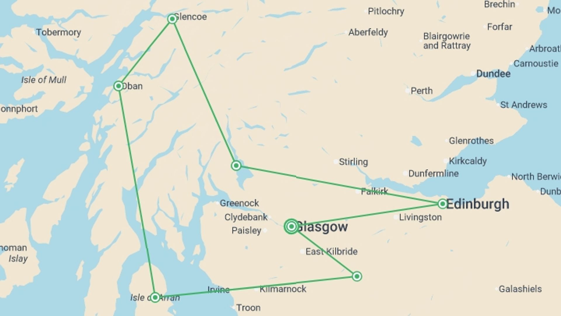 A map showing the tour itinerary for the trip: Scotland: Lochs and Landscapes, starting in Glasgow, Scotland and ending in Glasgow, Scotland going through 3 other destinations.