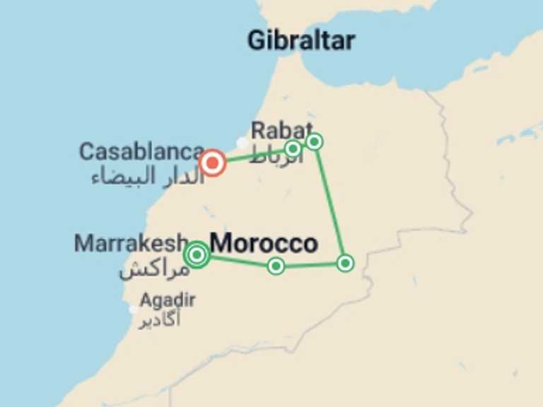 Map itinerary of Africa Tour in February 2027 with 6 destination visits for the trip: Surprising Morocco Ending in Casablanca