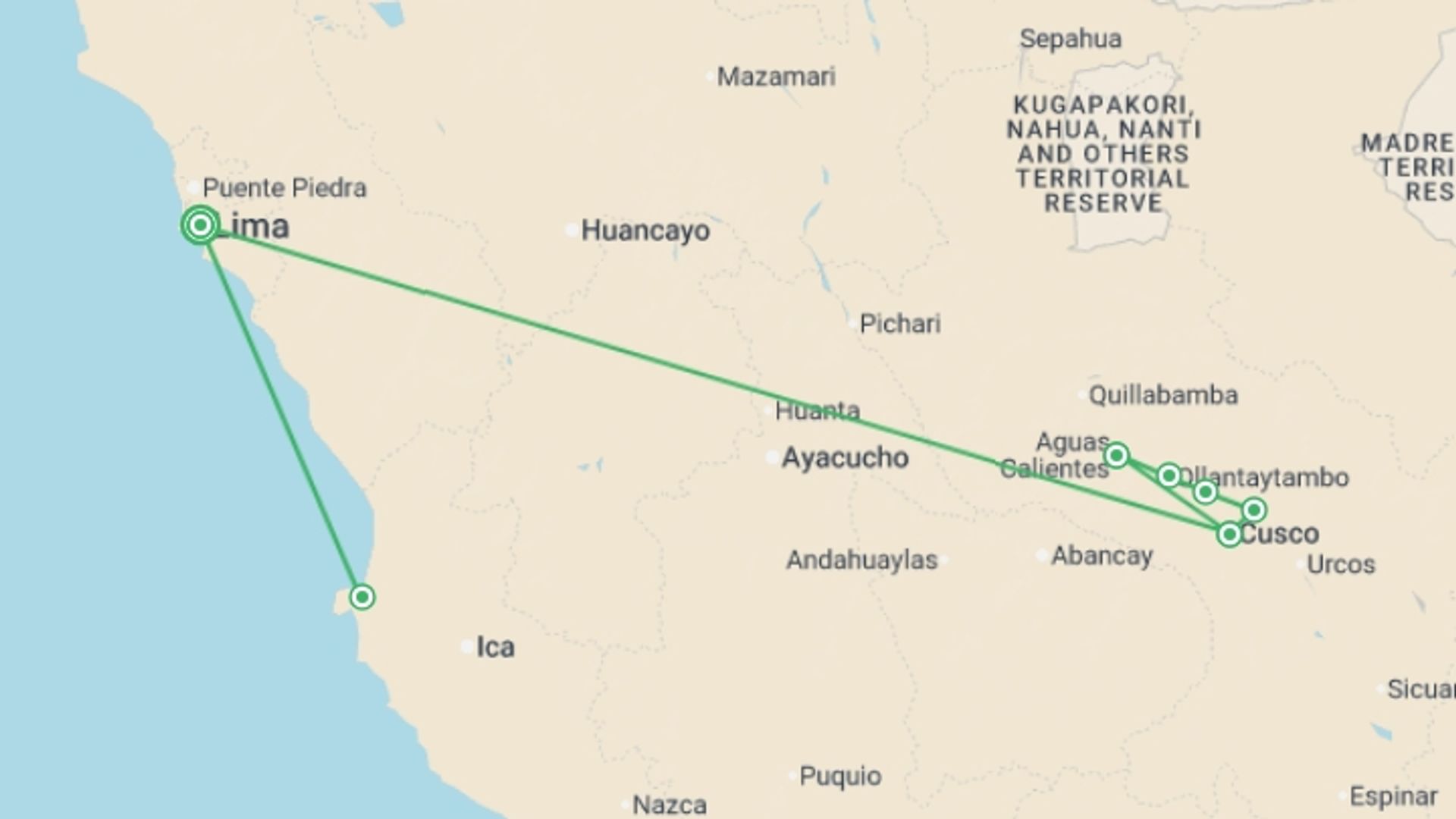A map showing the tour itinerary for the trip: Wonders of Peru, starting in Lima, Peru and ending in Lima, Peru going through 5 other destinations.