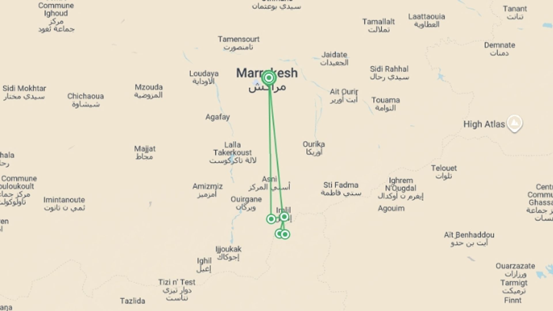 A map showing the tour itinerary for the trip: Toubkal Climb, starting in Marrakech, Morocco and ending in Marrakech, Morocco going through 4 other destinations.