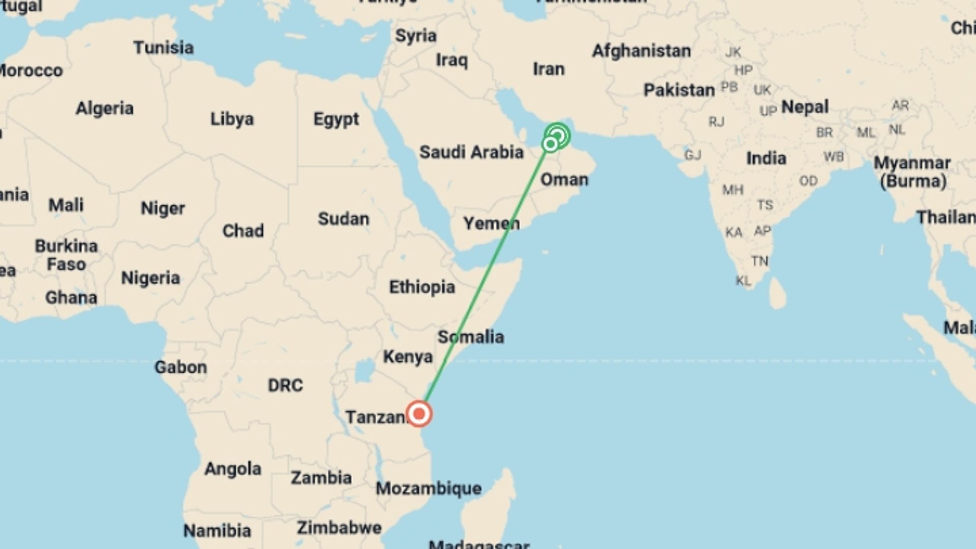 A map showing the tour itinerary for the trip: The Best of the UAE and Zanzibar, starting in Dubai, UAE and ending in Zanzibar, Tanzania going through 1 other destinations.