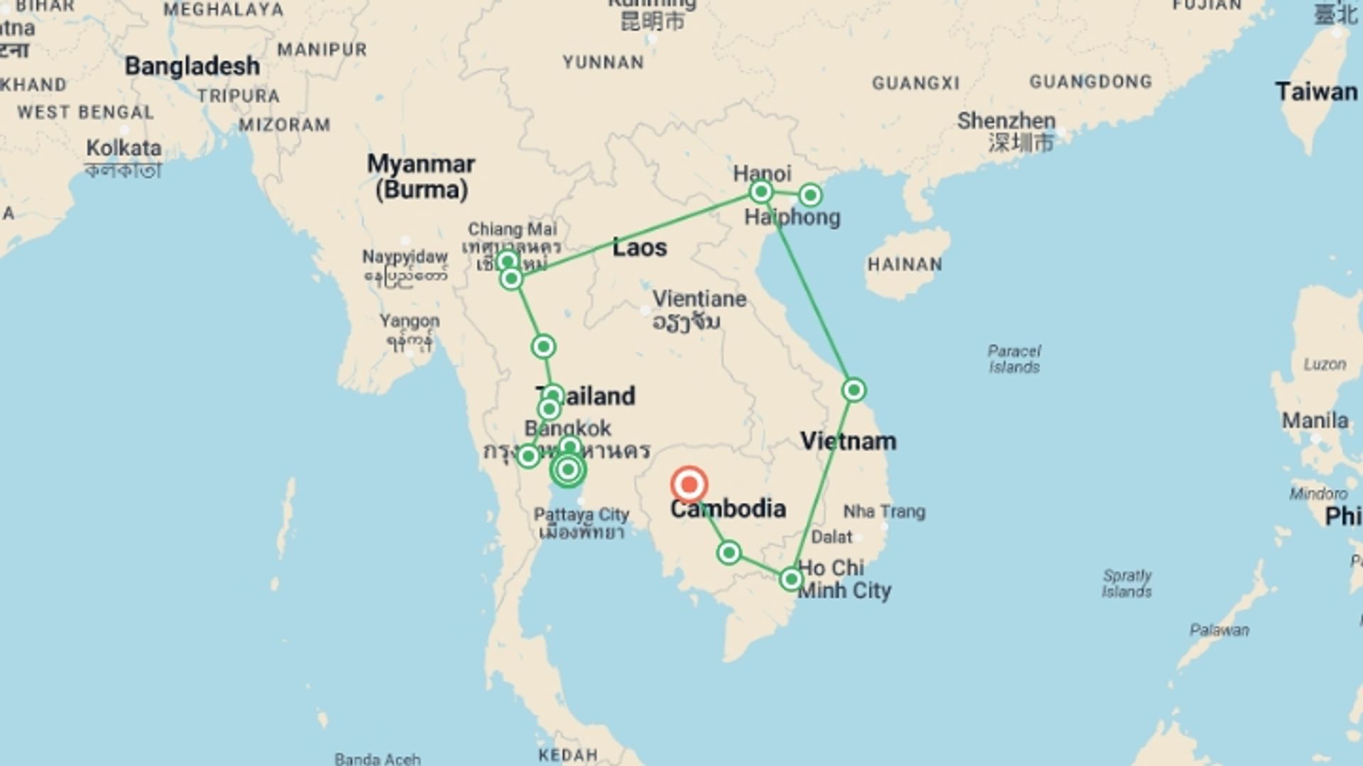 A map showing the tour itinerary for the trip: Premium South East Asia in Depth, starting in Bangkok, Thailand and ending in Siem Reap, Cambodia going through 11 other destinations.
