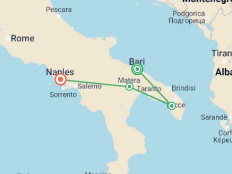Map itinerary of Italy Tour in August 2027 with 5 destination visits for the trip: Premium Puglia