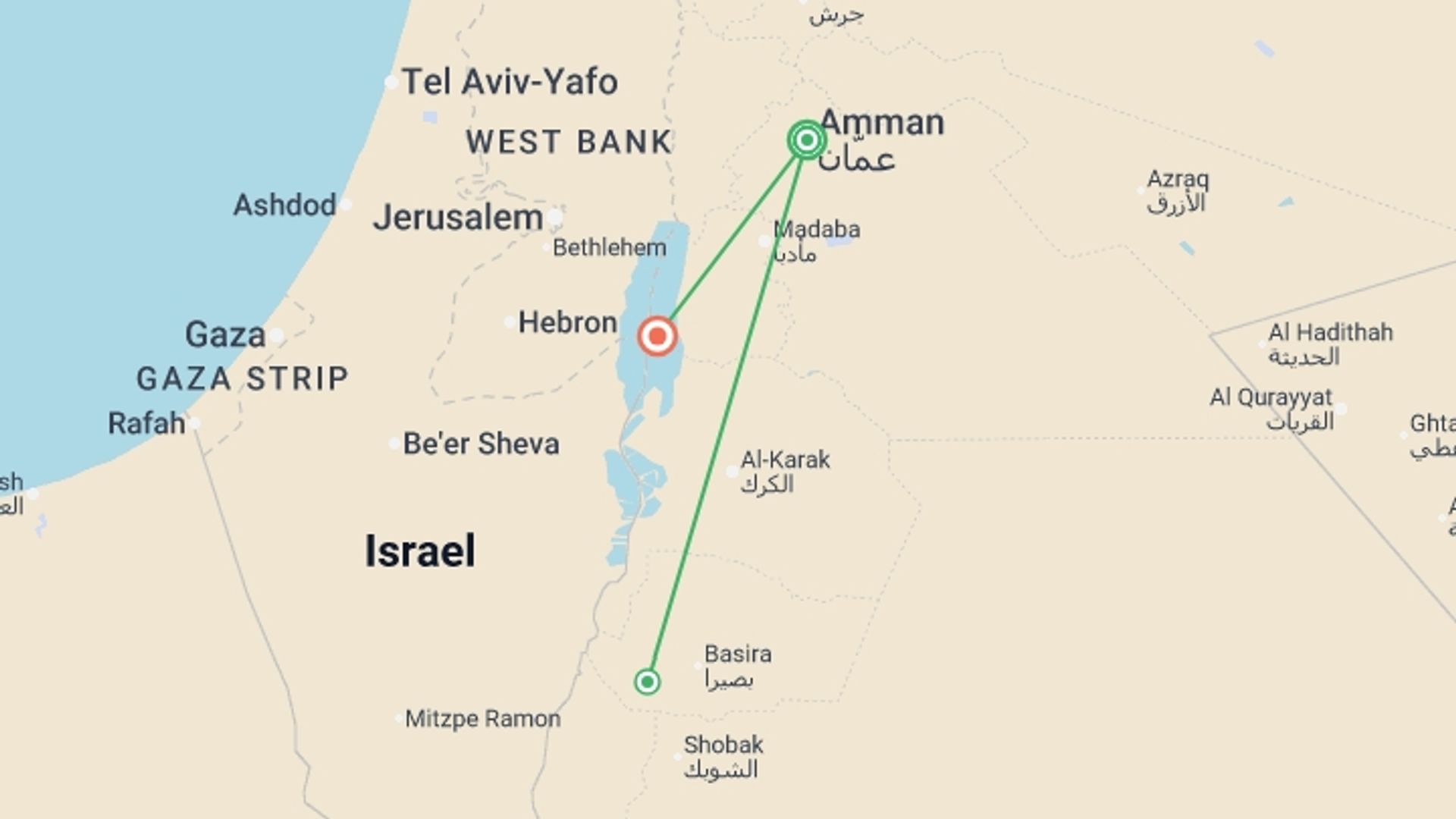 A map showing the tour itinerary for the trip: Signature Jordan | Stars and Desert Sands, starting in Amman, Jordan and ending in Dead Sea, Jordan going through 1 other destinations.