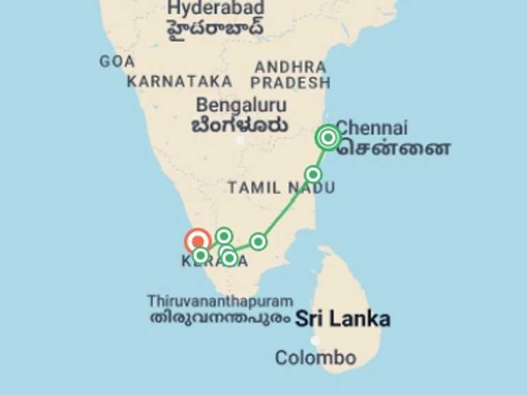 Map itinerary of India Tour in September 2027 with 9 destination visits for the trip: Premium South India