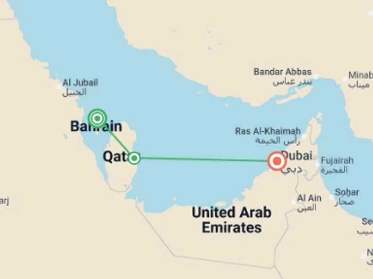 Map itinerary of Asia Tour in January 2026 with 3 destination visits for the trip: Bahrain, Qatar and Dubai