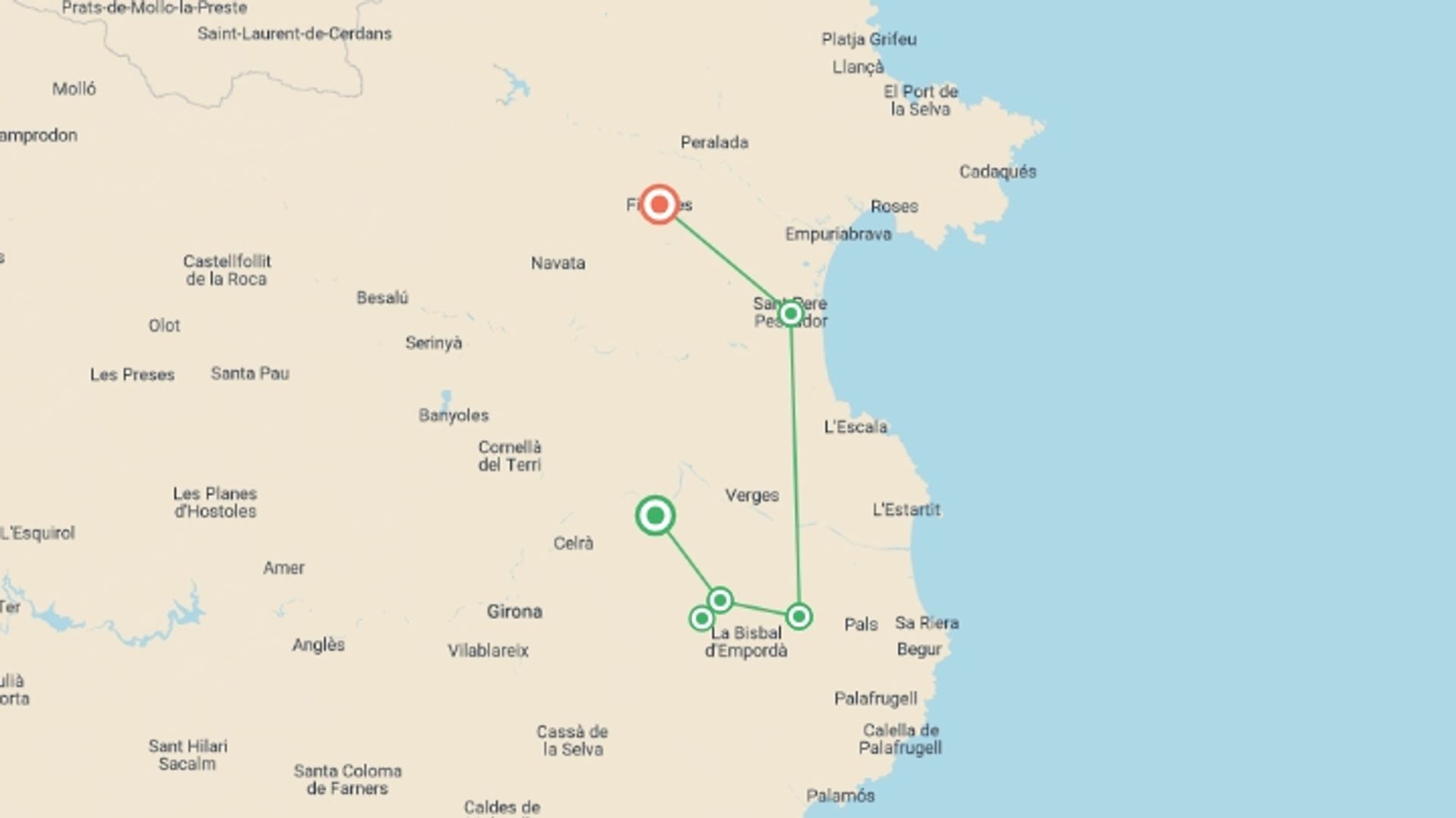 A map showing the tour itinerary for the trip: Catalonia by Bike, starting in Flaçà, Spain and ending in Figueres, Spain going through 4 other destinations.