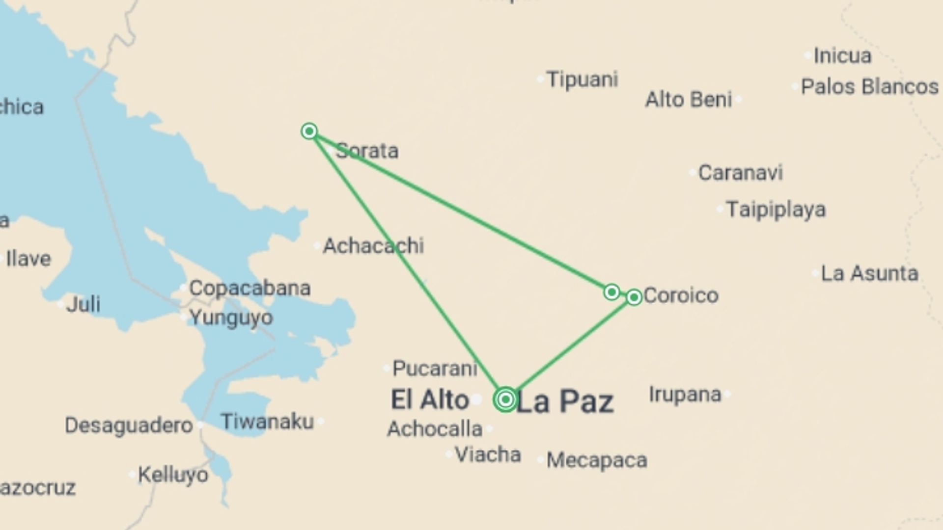 A map showing the tour itinerary for the trip: Choro Trail 3D/2N, starting in La Paz, Bolivia and ending in La Paz, Bolivia going through 2 other destinations.