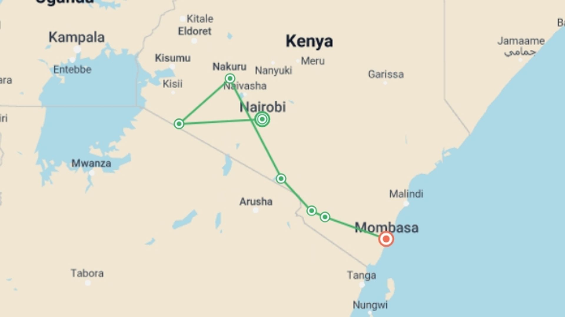 A map showing the tour itinerary for the trip: Kenya Odyssey, Private Tour, starting in Nairobi, Kenya and ending in Mombasa, Kenya going through 5 other destinations.