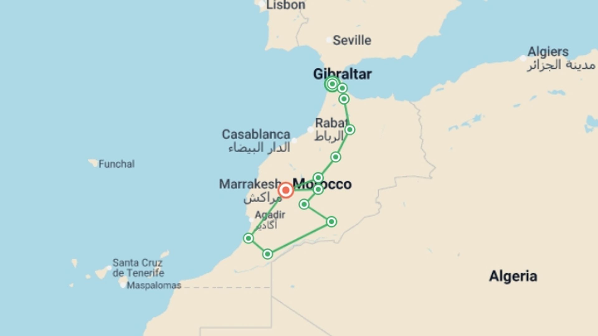 A map showing the tour itinerary for the trip: Complete Morocco Active Adventure, starting in Tangier, Morocco and ending in Marrakech, Morocco going through 10 other destinations.