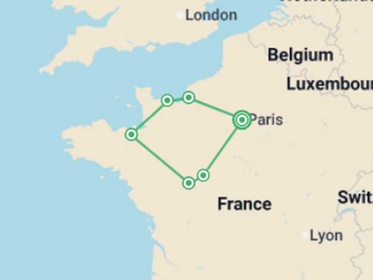 Map of France Tour with 6 destination visits for the trip: La Belle France
