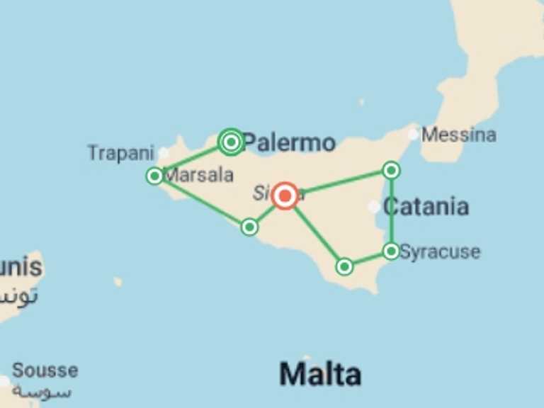 Map itinerary of Mediterranean Tour in October 2026 with 7 destination visits for the trip: Colours of Sicily