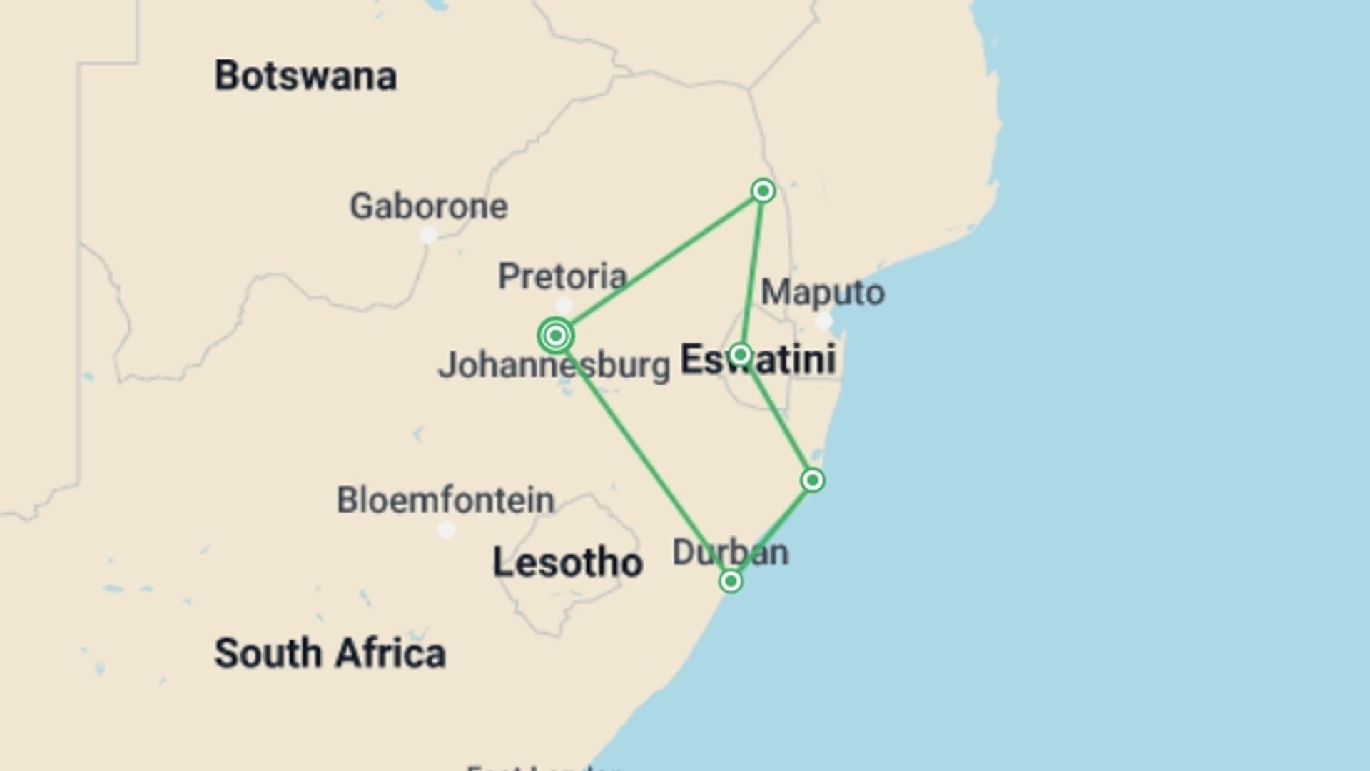 A map showing the tour itinerary for the trip: Kruger Safari with Eswatini, starting in Johannesburg, South Africa and ending in Johannesburg, South Africa going through 4 other destinations.