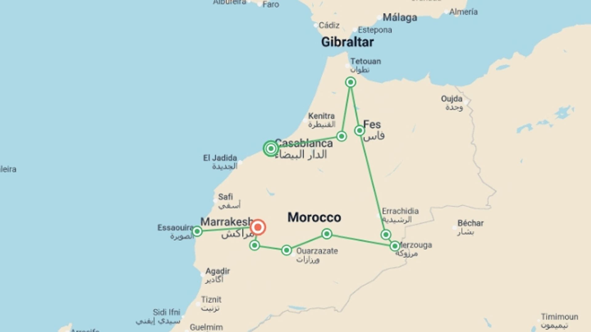 A map showing the tour itinerary for the trip: Premium Morocco in Depth with Essaouira, starting in Casablanca, Morocco and ending in Marrakech, Morocco going through 9 other destinations.