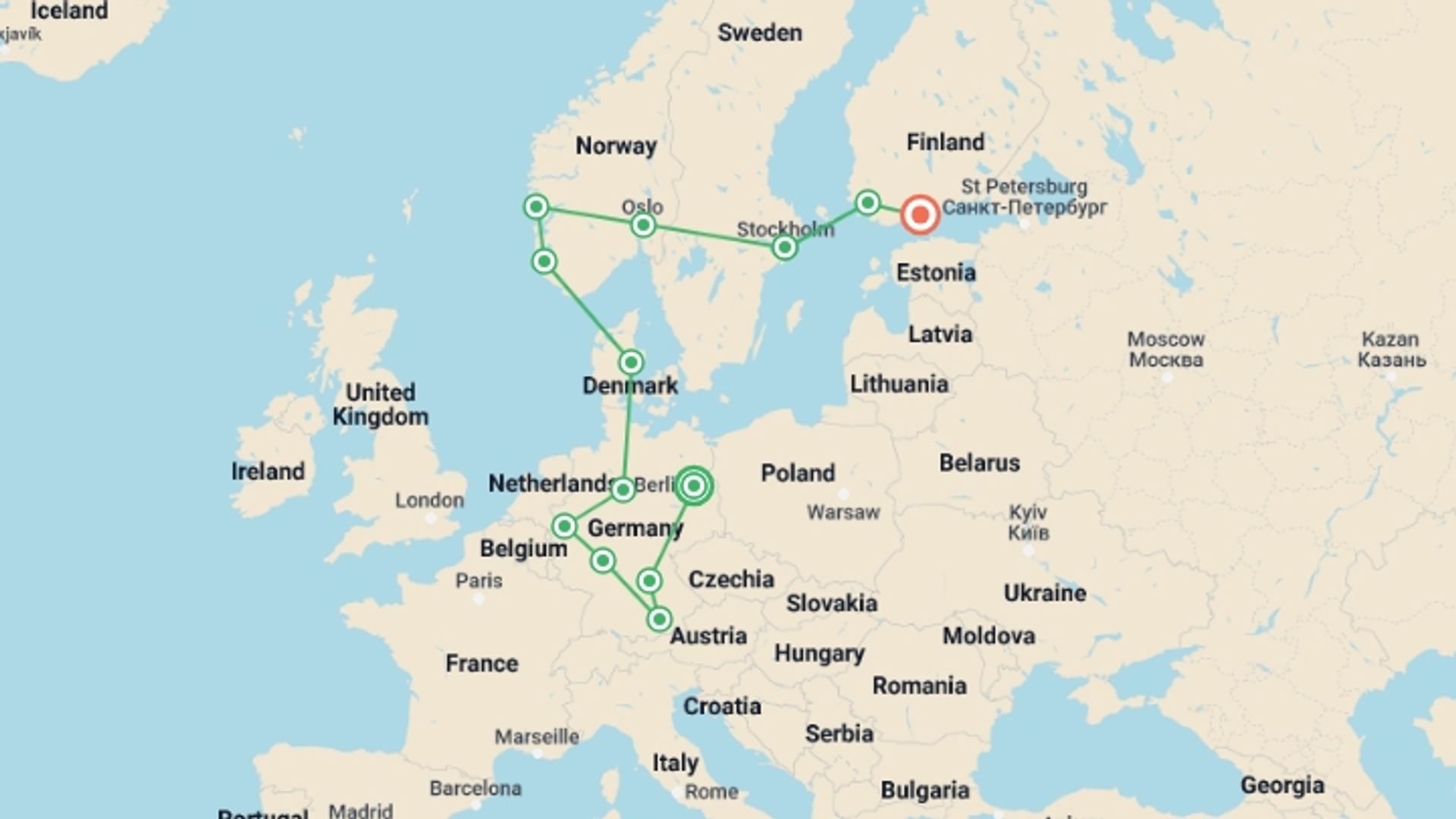 A map showing the tour itinerary for the trip: Treasures of Germany and Scandinavia with Helsinki, starting in Berlin, Germany and ending in Helsinki, Finland going through 11 other destinations.