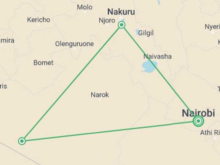 Map itinerary of Kenya Tour in Winter with 4 destination visits for the trip: 4 Days Maasai Mara, Lake Nakuru Camping Safari