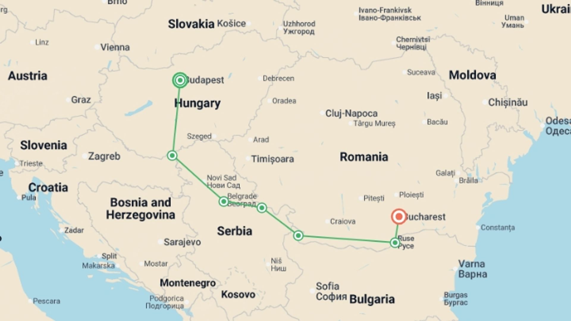 A map showing the tour itinerary for the trip: Highlights of Eastern Europe (2027), starting in Budapest, Hungary and ending in Bucharest, Romania going through 5 other destinations.