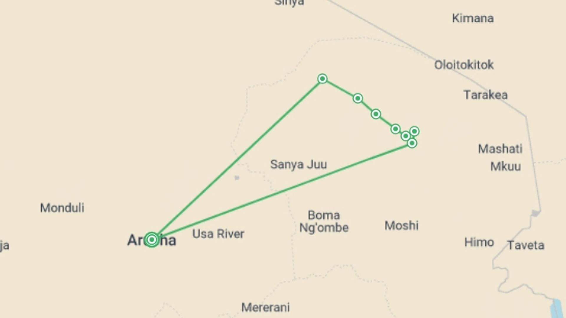 A map showing the tour itinerary for the trip: Kilimanjaro Climb - Lemosho Route, starting in Arusha, Tanzania and ending in Arusha, Tanzania going through 7 other destinations.
