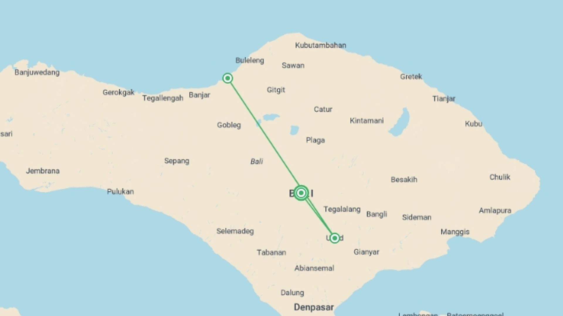 A map showing the tour itinerary for the trip: Indonesia’s Bali Island: See & Experience it all in 7 days, starting in Bali, Indonesia and ending in Bali, Indonesia going through 2 other destinations.