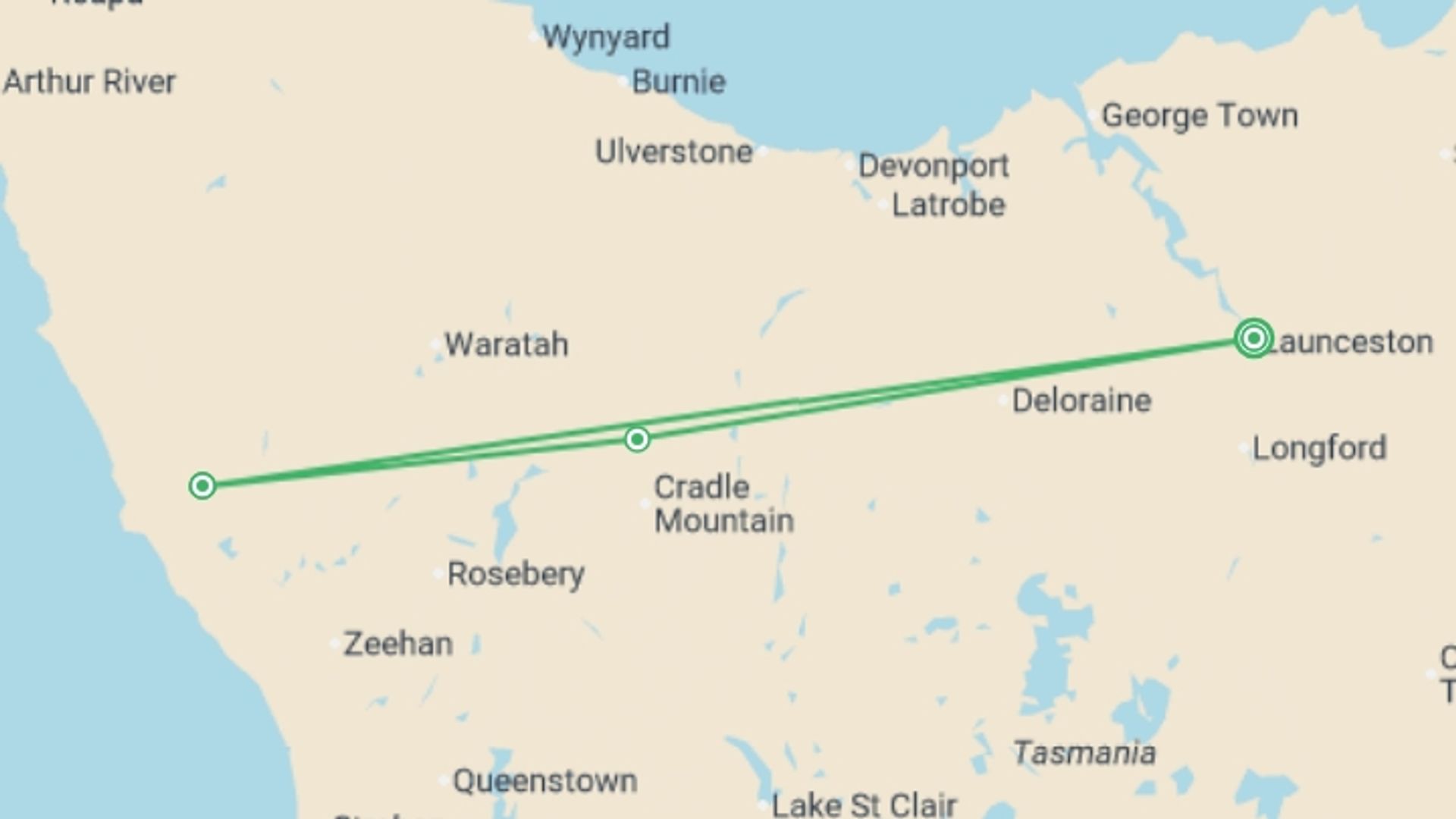 A map showing the tour itinerary for the trip: Walk Tasmania's Tarkine & Cradle Mountain, starting in Launceston, Australia and ending in Launceston, Australia going through 3 other destinations.