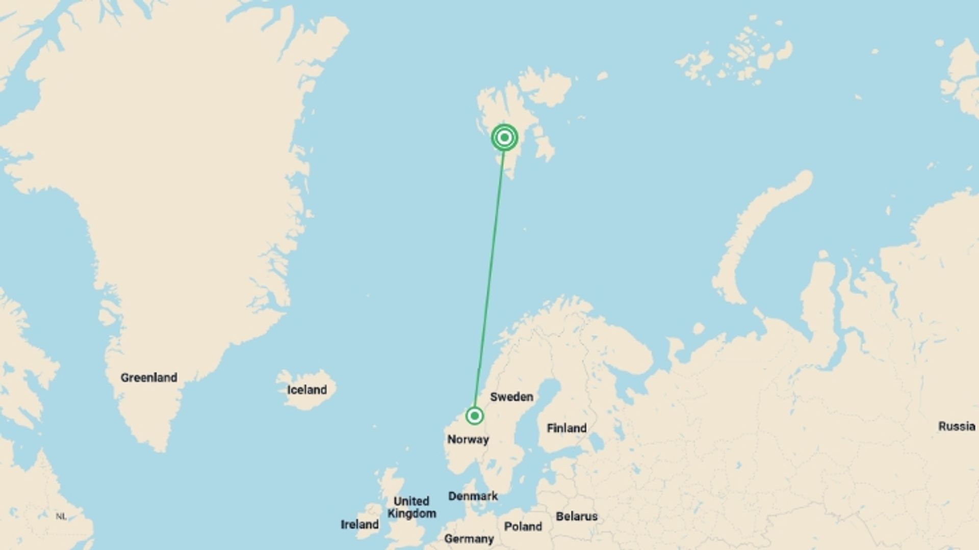 A map showing the tour itinerary for the trip: Svalbard Arctic Adventure - Sunny Winter, starting in Longyearbyen, Norway and ending in Longyearbyen, Norway going through 2 other destinations.