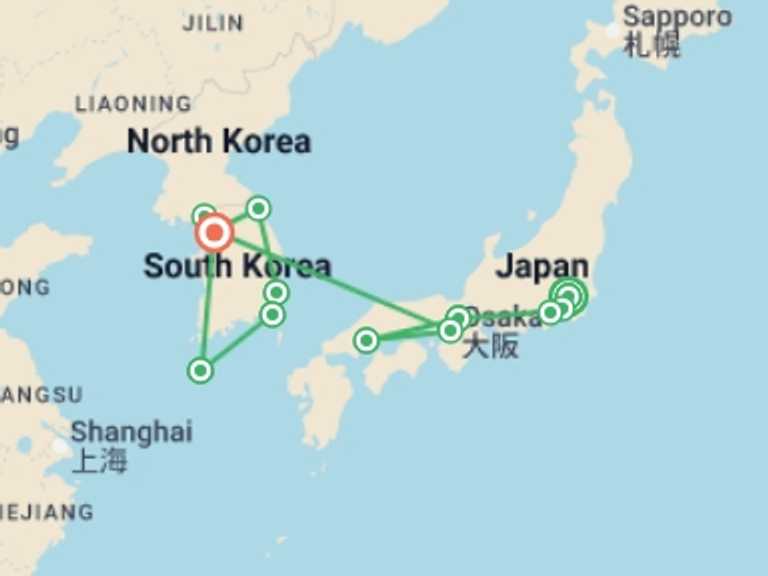 Map itinerary of Osaka Tour in November 2026 with 11 destination visits for the trip: Essential Japan & South Korea - 25 days 