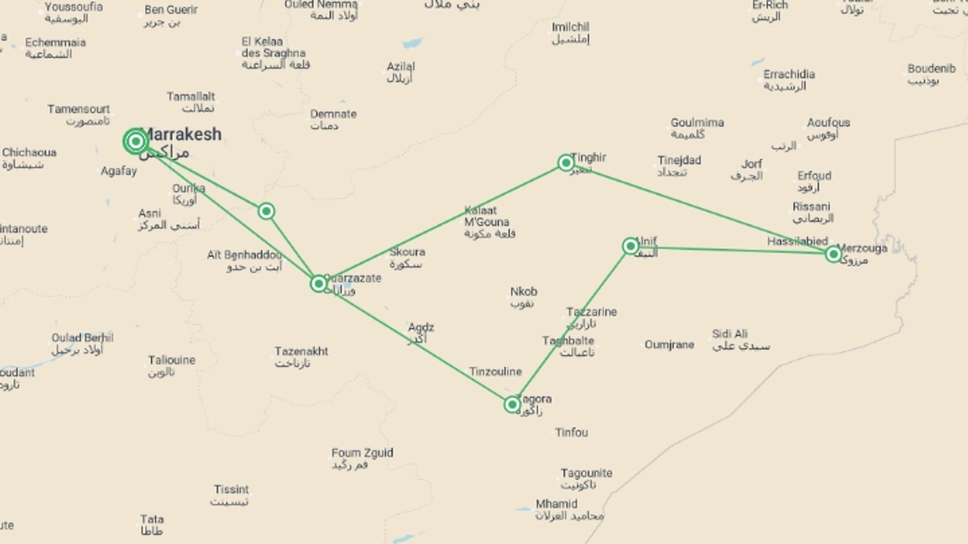 A map showing the tour itinerary for the trip: Tui Tours | Atlas Mountains - Tracks Of The Nomads, Small Group Tour, starting in Marrakech, Morocco and ending in Marrakech, Morocco going through 3 other destinations.
