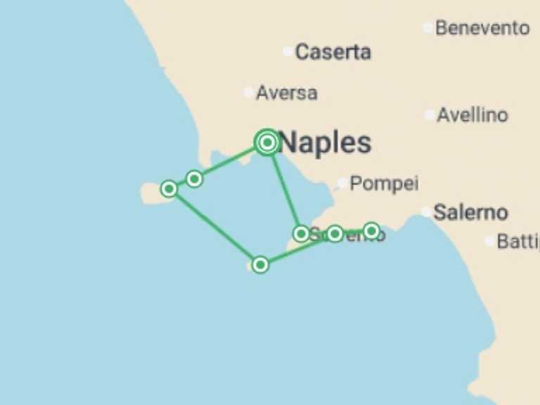Map itinerary of Europe Tour in May 2026 with 7 destination visits for the trip: Sailing the Amalfi Coast: Capri, Positano & Coastal Bliss