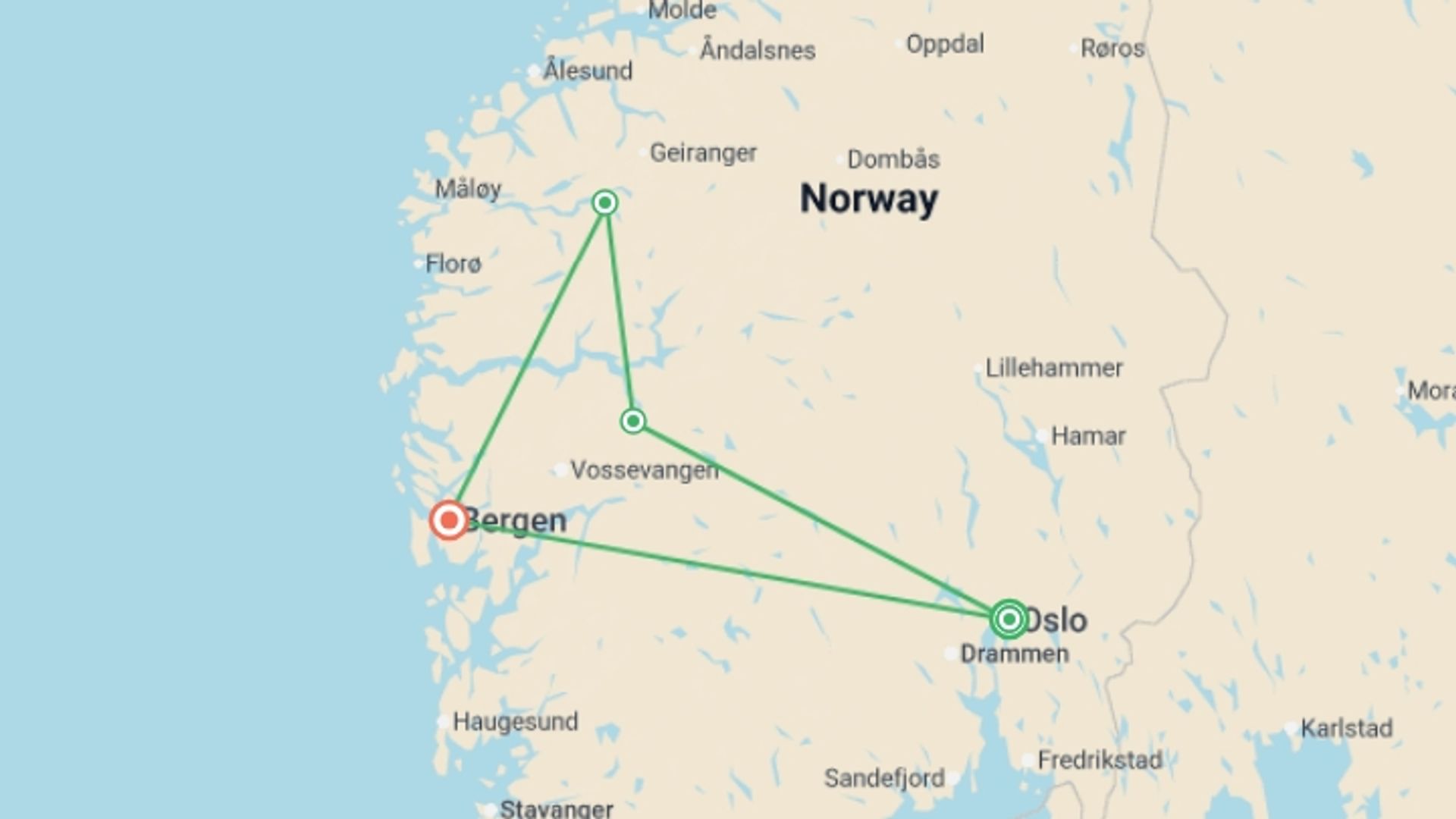 A map showing the tour itinerary for the trip: Highlights of Norway , starting in Oslo, Norway and ending in Bergen, Norway going through 2 other destinations.